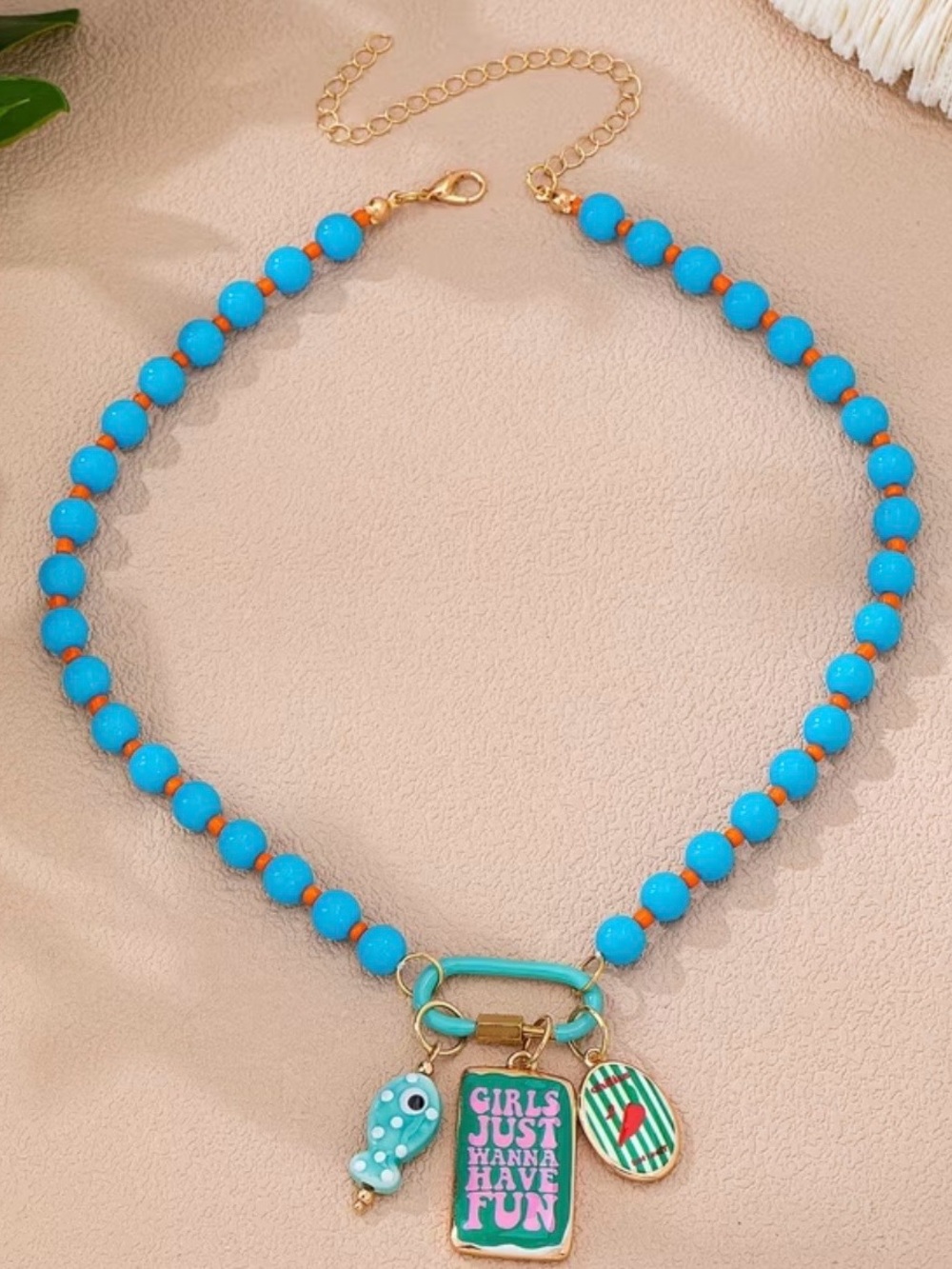 “Girls Just Wanna Have Fun” Blue Bead Charm Necklace